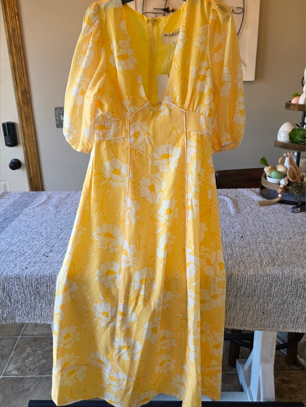 Yellow Floral Midi Dress with Puff Sleeves